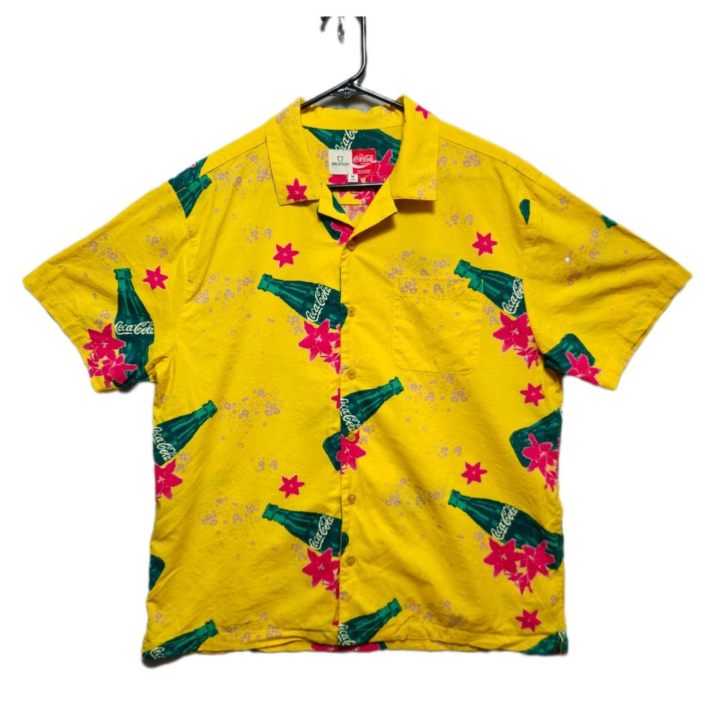 BRIXTON‎ Coca Cola Hawaiian Shirt Mens Medium Yellow Floral Bottle Print Collab